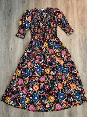 Boden Black Floral Smocked Dress with Multicolor Blooms